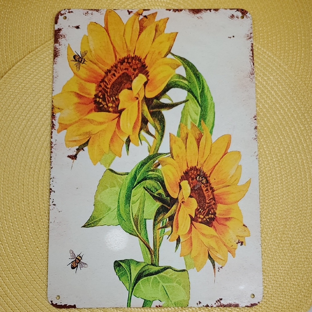 Sunflowers & Bees Metal Tin Sign Wall Decor